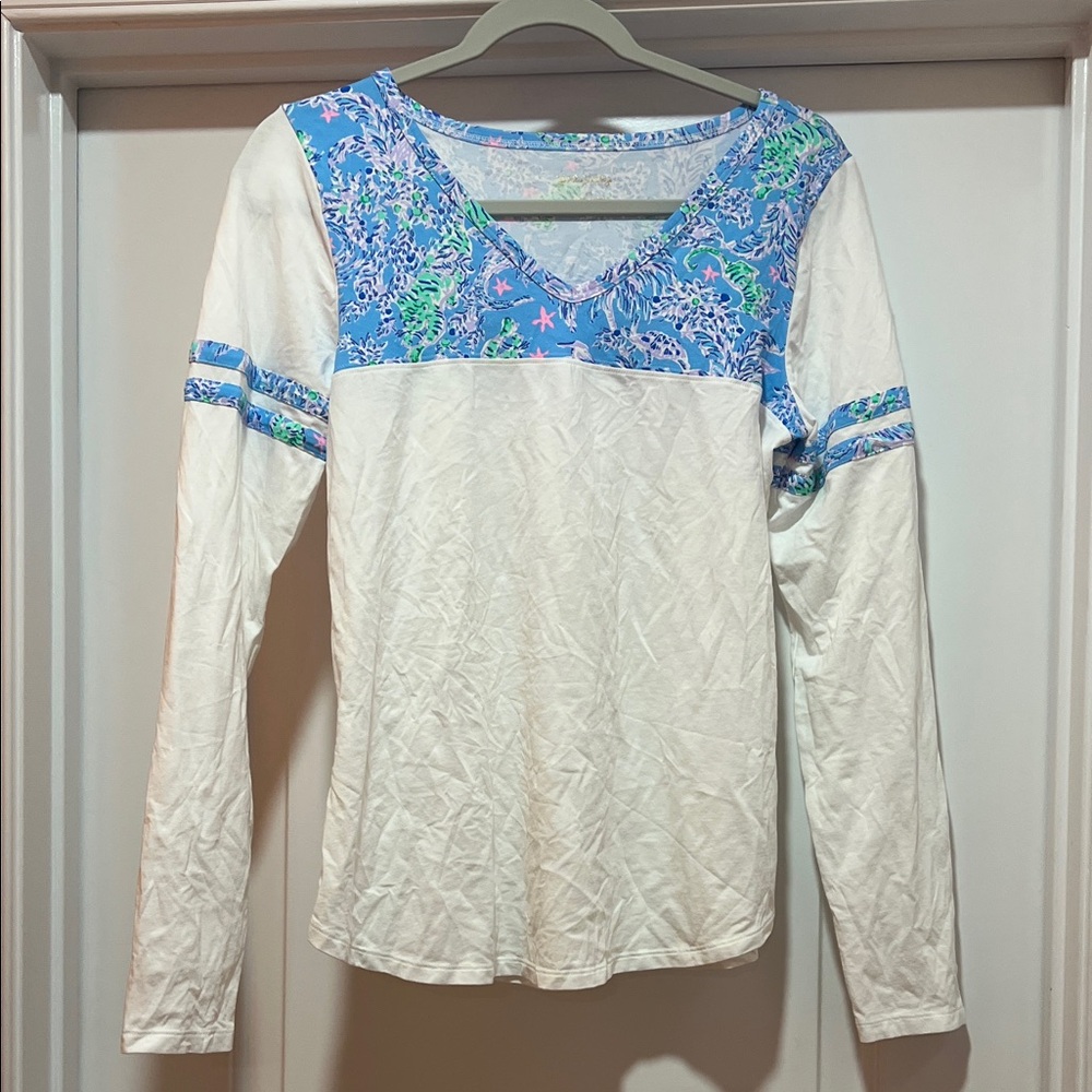 Lilly Pulitzer White Long-Sleeve Top with Blue & Green Floral Yoke